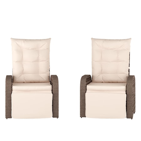 Flash Furniture Nemo Patio Wicker Rattan Recliner Lounge Chairs w/Flip up Side Tables, Beige and Brown, 2PK 2-LTS-0422-BG-BR-GG